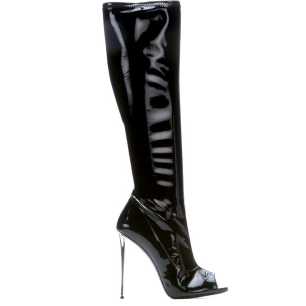 Zannoti BLACK PATENT LEATHER OVER THE KNEE PEEP TOE BOOTS limited edition